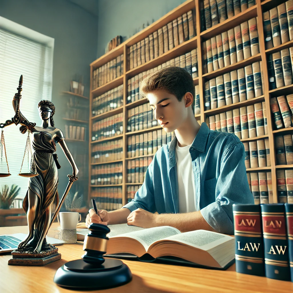  A law student studying in a modern library, surrounded by legal books